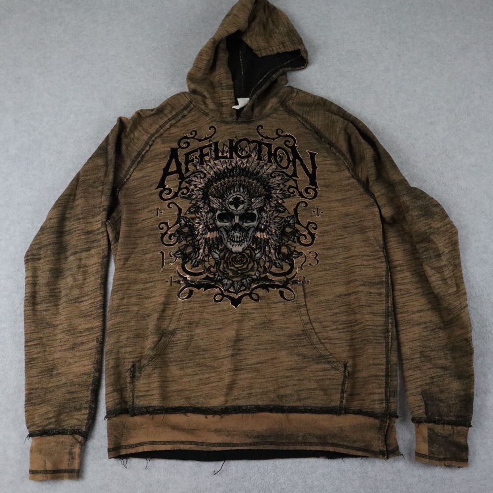 Affliction Hoodie Mens‎ Medium Pullover Knit Sweatshirt Brown Long Sleeve Skull